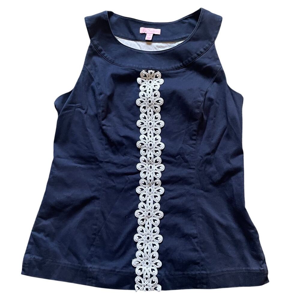 Lily Pulitzer Navy Sleeveless White Center Lace Trim Size 10 Feminine Cotton